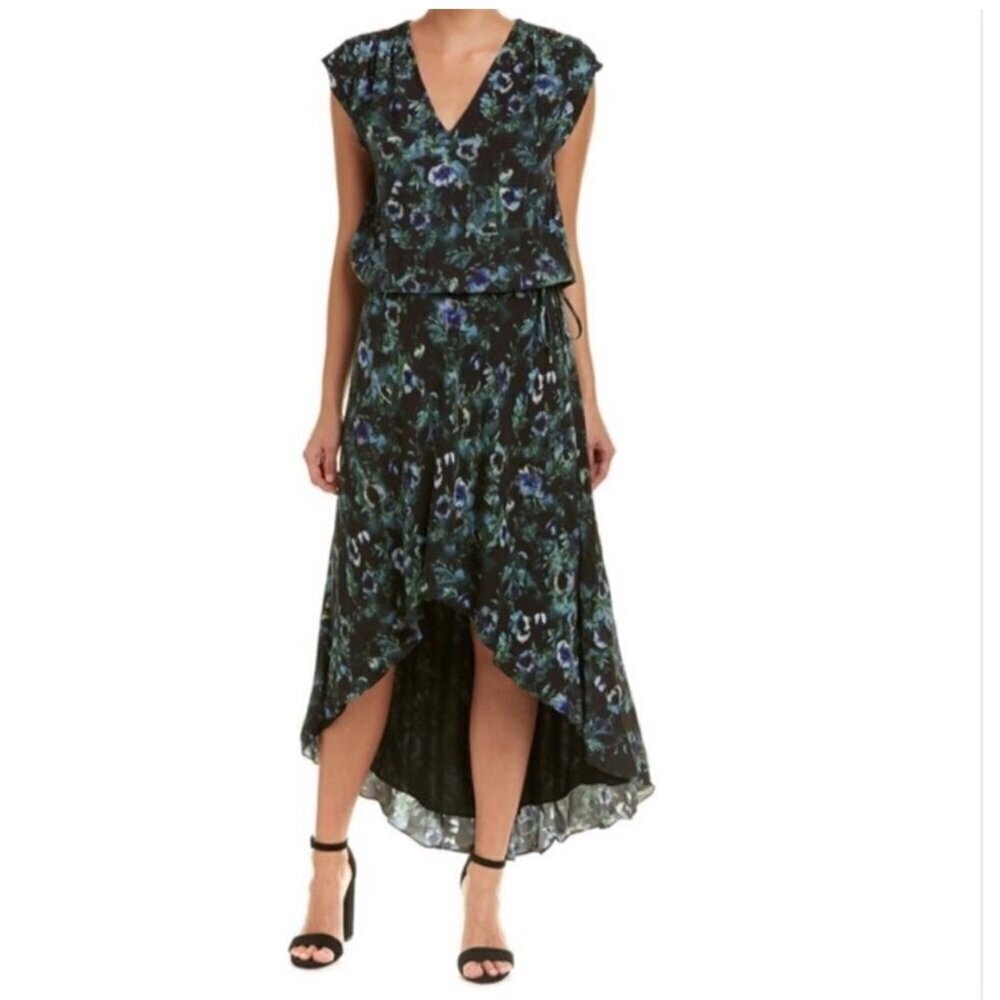 Haute Hippie Black Green Floral Sleeveless High Low Dress Size M